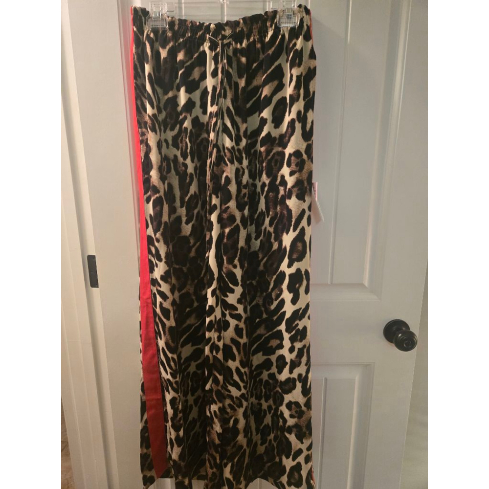Women's QZ Brown Leopard Print Wide Leg Pants with Red Stripe L - Picture 2 of 4